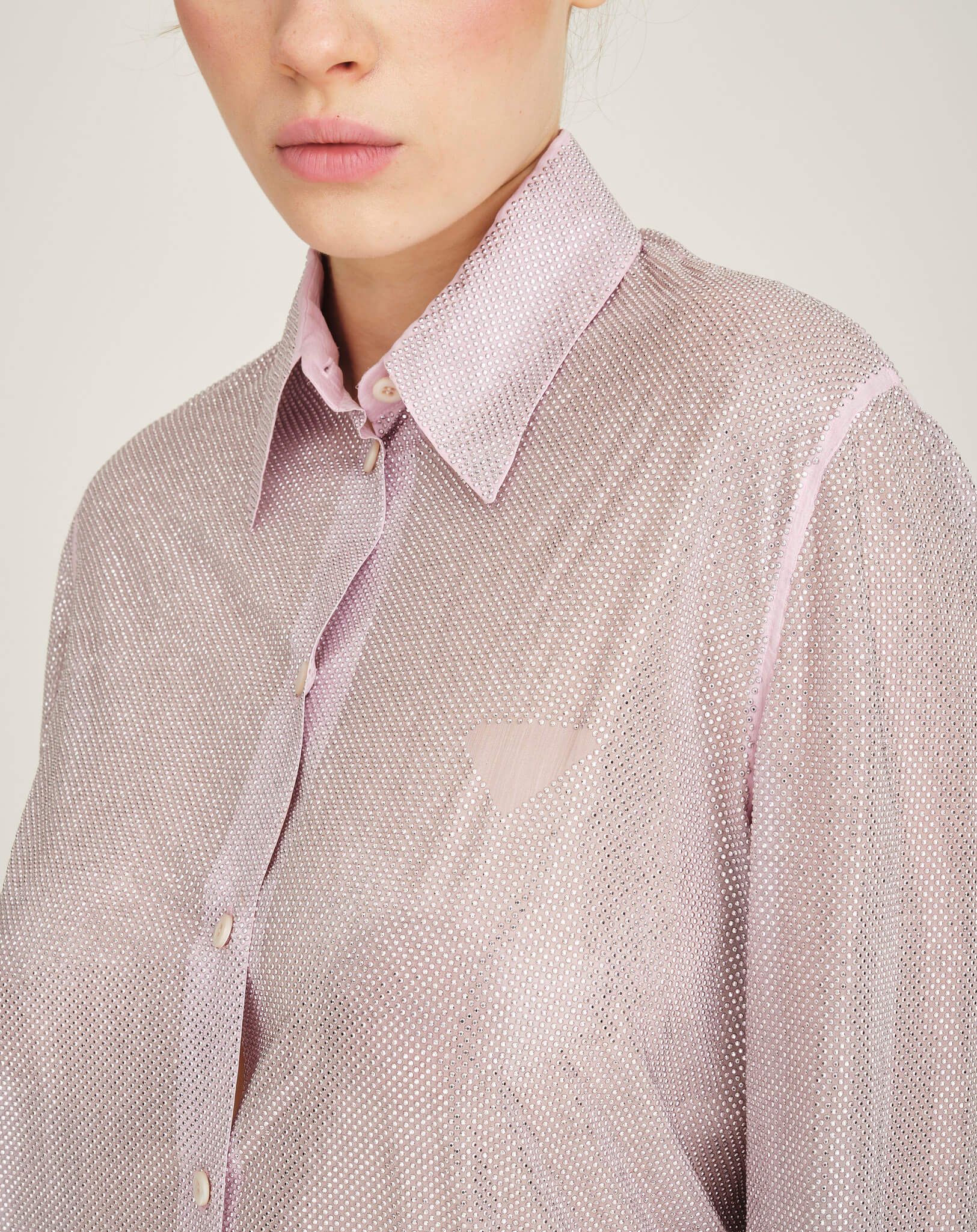 Prada - Pink Rhinestone Studded Silk Shirt 40